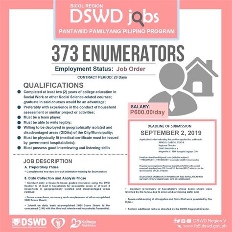 DSWD Region V hiring for Encoders and Enumerators .